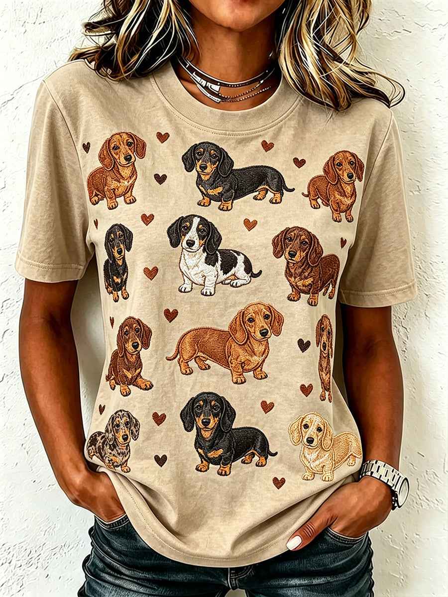 Women's Cute Dachshund Pattern Print Short-sleeved T-shirt