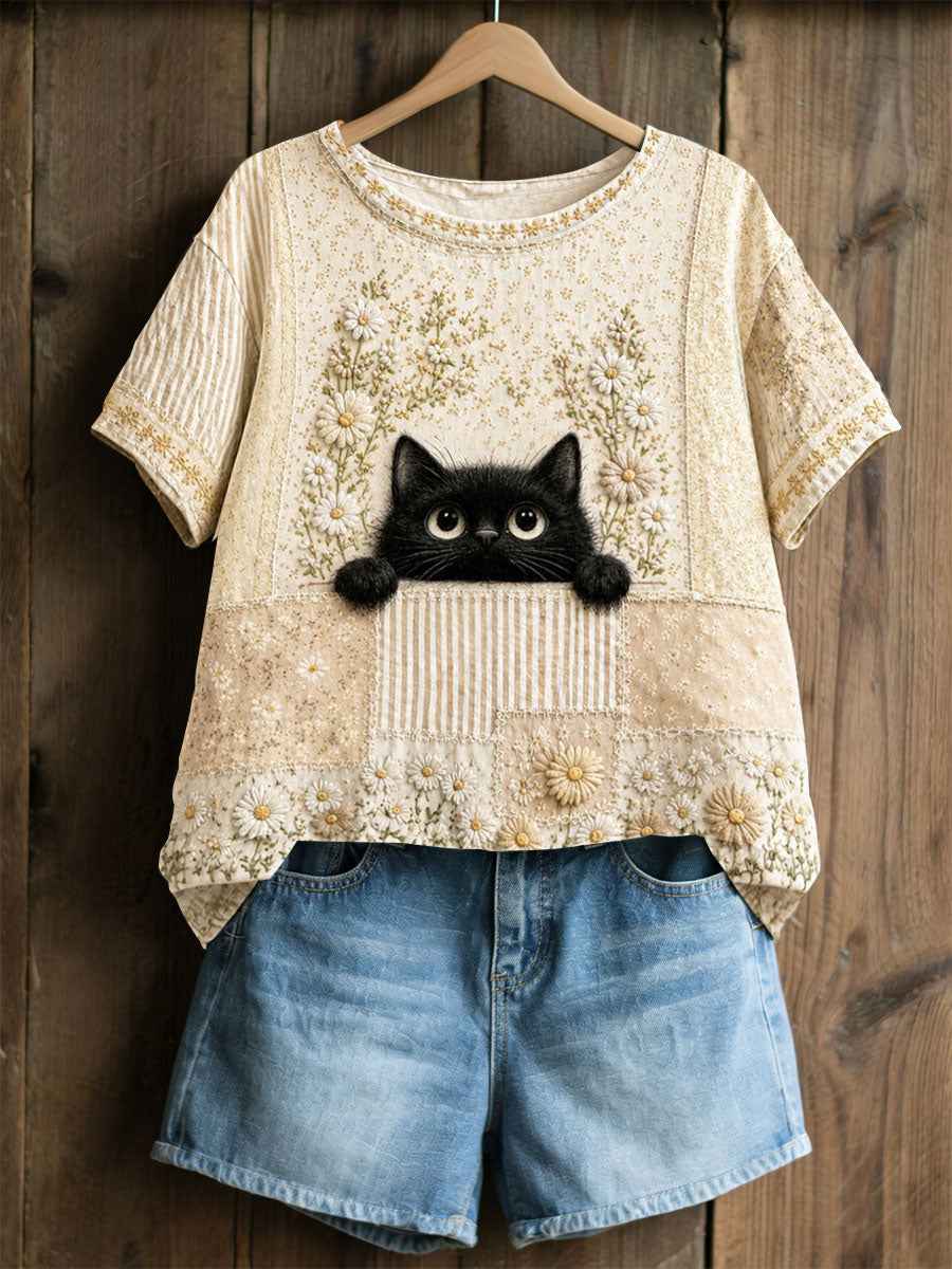 Women's Cat Floral Patchwork Pastoral Style Casual Linen T-shirt