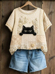 Women's Cat Floral Patchwork Pastoral Style Casual Linen T-shirt