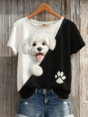 Women's Peeking Maltese Dog & Paw Print Contrast Print short-sleeved T-shirt