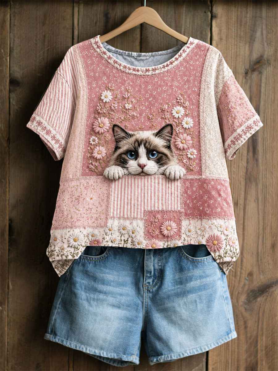 Women's Cat Floral Patchwork Pastoral Style Casual Linen T-shirt
