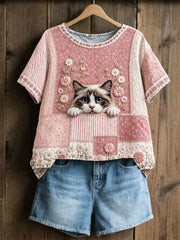 Women's Cat Floral Patchwork Pastoral Style Casual Linen T-shirt