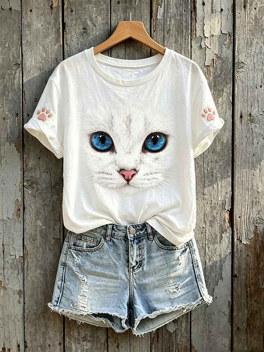 Women's Beauty Cat Face Art Print Round Neck Short-sleeved T-shirt