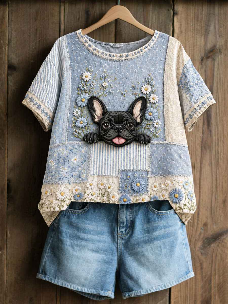 Women's Dog Floral Patchwork Pastoral Style Casual Linen T-shirt