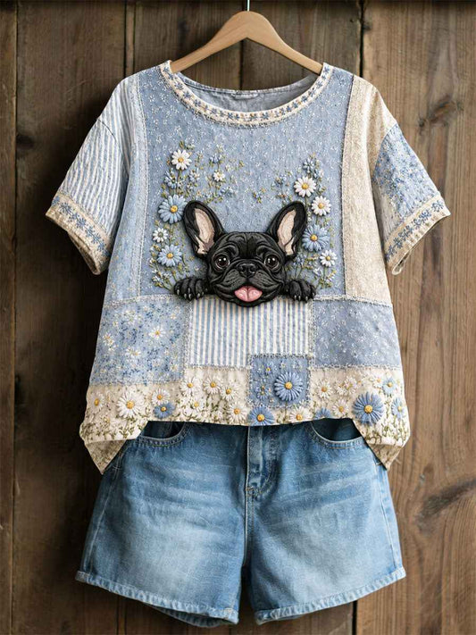 Women's Dog Floral Patchwork Pastoral Style Casual Linen T-shirt