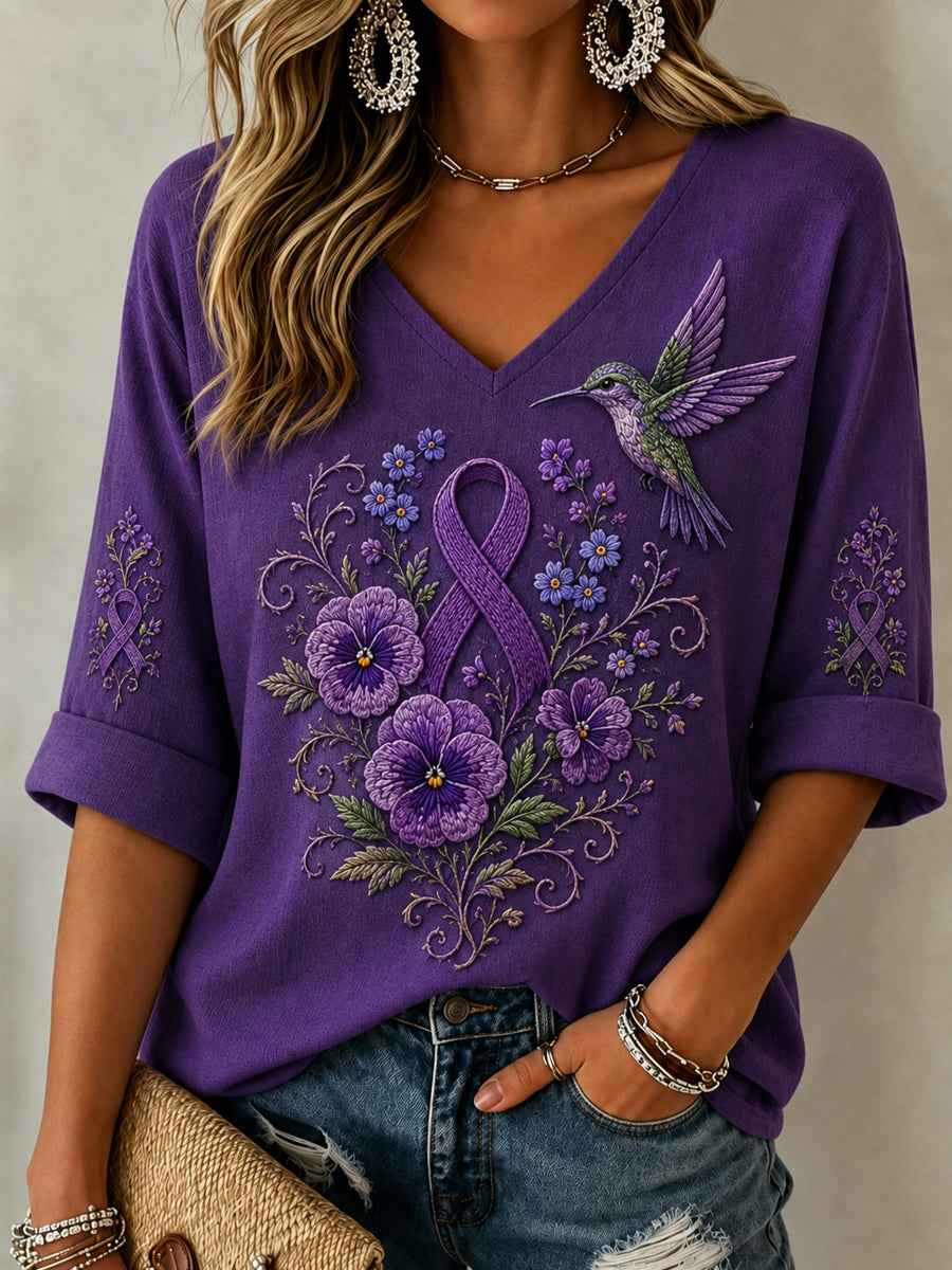 Women's Purple Floral & Hummingbird Print Alzheimer's Awareness Support Mid-length Sleeves V-Neck Top