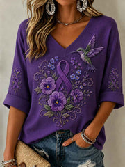 Women's Purple Floral & Hummingbird Print Alzheimer's Awareness Support Mid-length Sleeves V-Neck Top