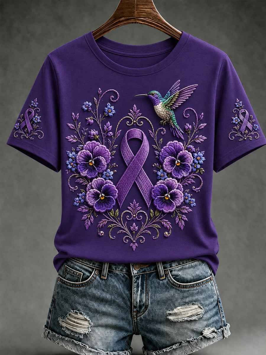 Women's Purple Floral & Hummingbird Print Alzheimer's Awareness Support Short Sleeve T-shirt