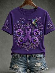 Women's Purple Floral & Hummingbird Print Alzheimer's Awareness Support Short Sleeve T-shirt