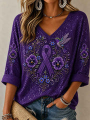 Women's Purple Floral & Hummingbird Print Alzheimer's Awareness Support Mid-length Sleeves V-Neck Top
