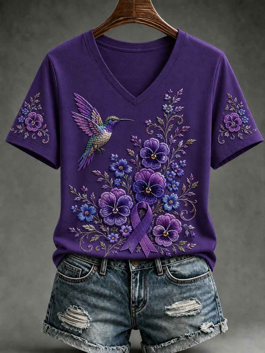 Women's Purple Floral & Hummingbird Print Alzheimer's Awareness Support V-Neck Short Sleeve T-shirt