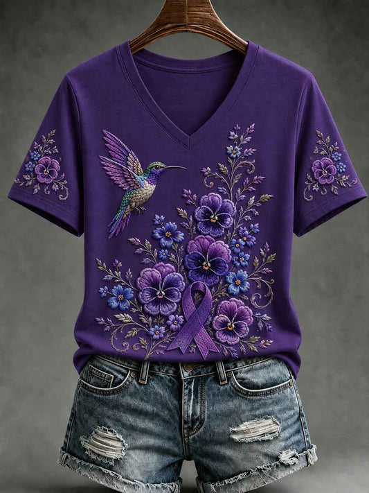 Women's Purple Floral & Hummingbird Print Alzheimer's Awareness Support V-Neck Short Sleeve T-shirt