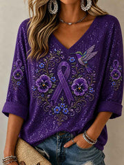 Women's Purple Floral & Hummingbird Print Alzheimer's Awareness Support Mid-length Sleeves V-Neck Top