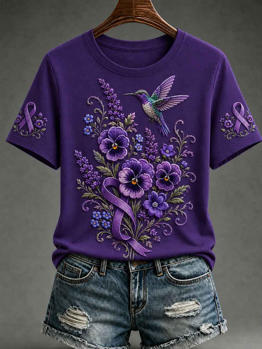 Women's Purple Floral & Hummingbird Print Alzheimer's Awareness Support Short Sleeve T-shirt