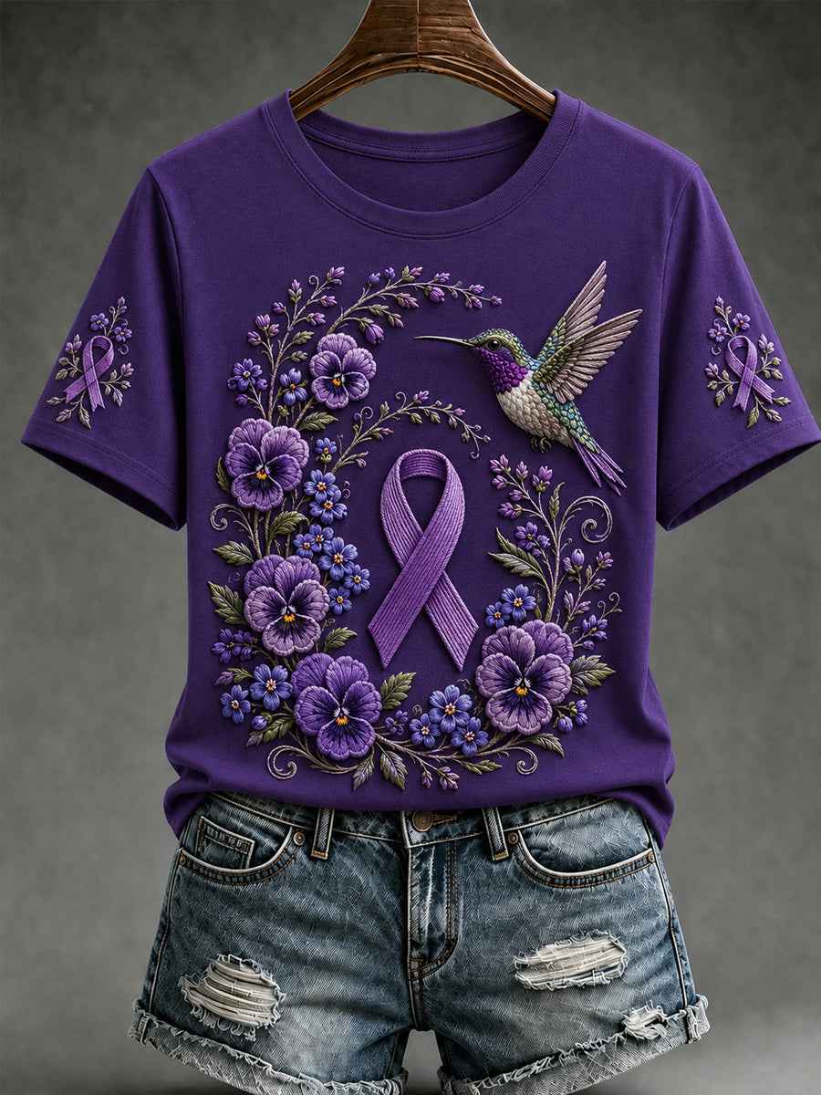 Women's Purple Floral & Hummingbird Print Alzheimer's Awareness Support Short Sleeve T-shirt