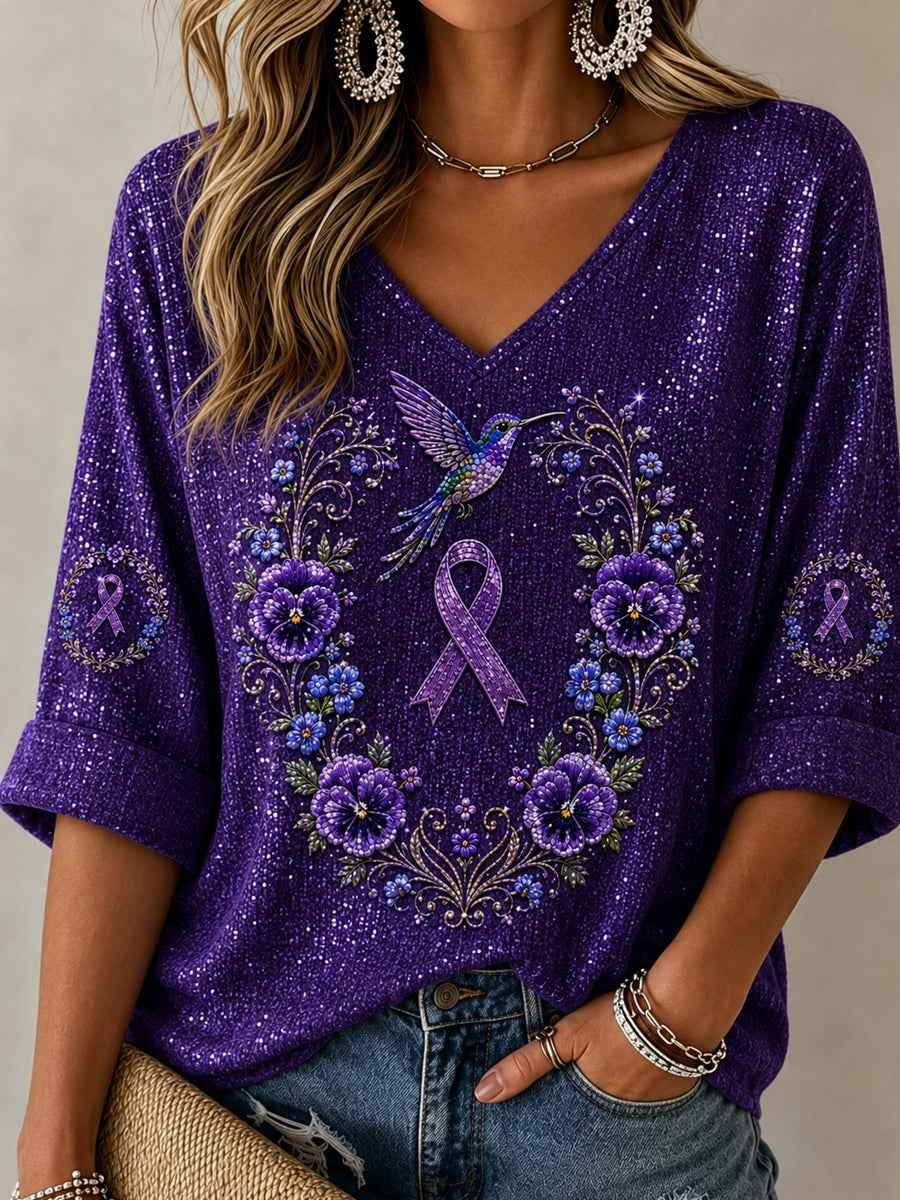 Women's Purple Floral & Hummingbird Print Alzheimer's Awareness Support Mid-length Sleeves V-Neck Top