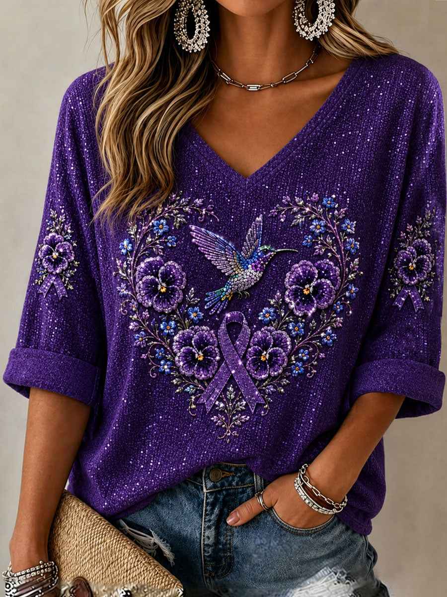 Women's Purple Floral & Hummingbird Print Alzheimer's Awareness Support Mid-length Sleeves V-Neck Top
