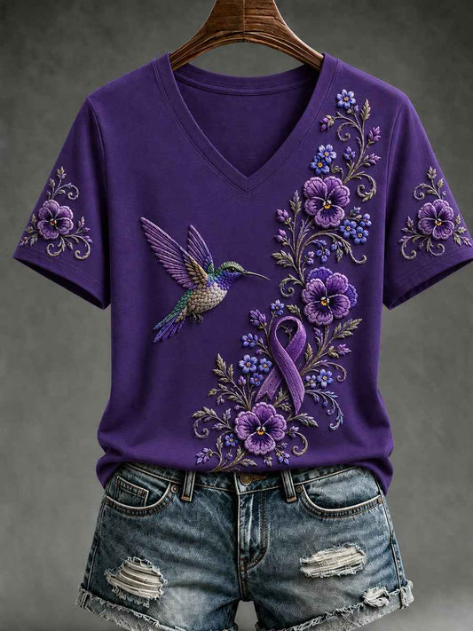 Women's Purple Floral & Hummingbird Print Alzheimer's Awareness Support V-Neck Short Sleeve T-shirt