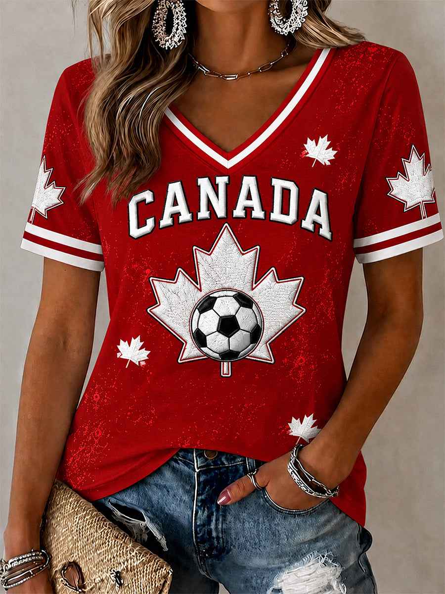 Women's Canada Soccer Graphic Print Casual V-Neck Tee