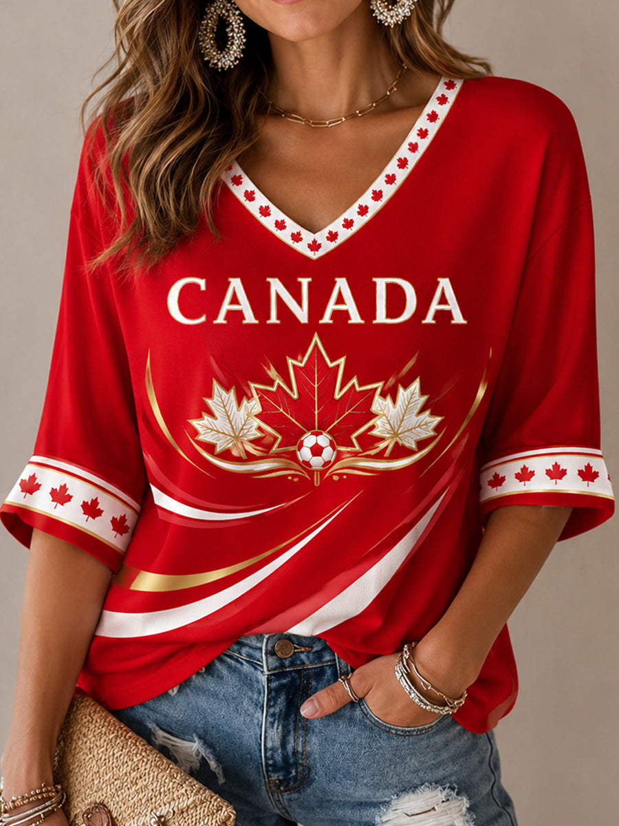 Women's Canada Print Casual Half-Sleeves V-Neck T-Shirt gracestitchs