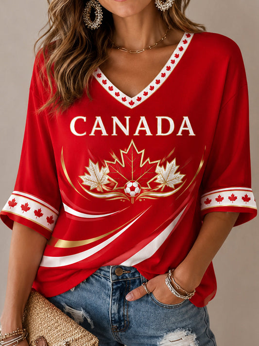 Women's Canada Print Casual Half-Sleeves V-Neck T-Shirt gracestitchs
