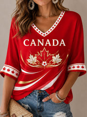 Women's Canada Print Casual Half-Sleeves V-Neck T-Shirt gracestitchs