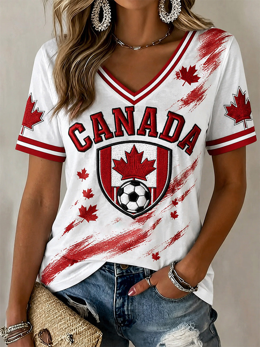 Women's Canada Soccer Graphic Print Casual V-Neck Tee gracestitchs