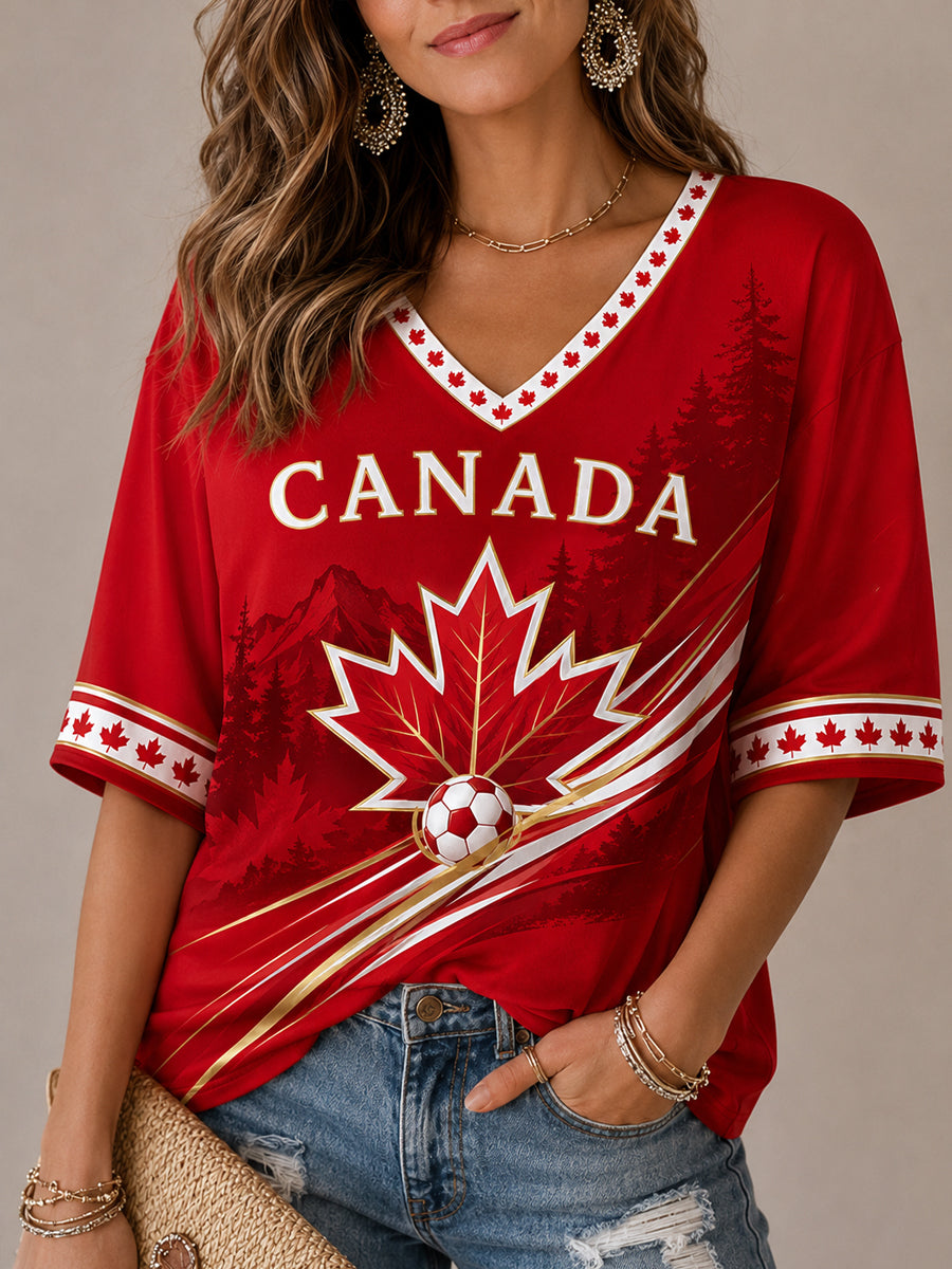 Women's Canada Print Casual Half-Sleeves V-Neck T-Shirt gracestitchs