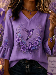 Women's Purple Floral & Hummingbird Print Alzheimer's Awareness Support Half-Sleeves V-Neck Shirt