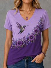 Women's Purple Floral & Hummingbird Print Alzheimer's Awareness Support V-Neck Tee