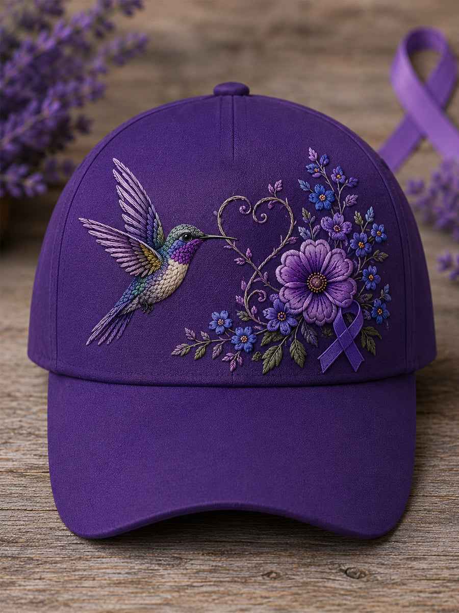 Unisex Purple Floral & Hummingbird Print Alzheimer's Awareness Support Hat