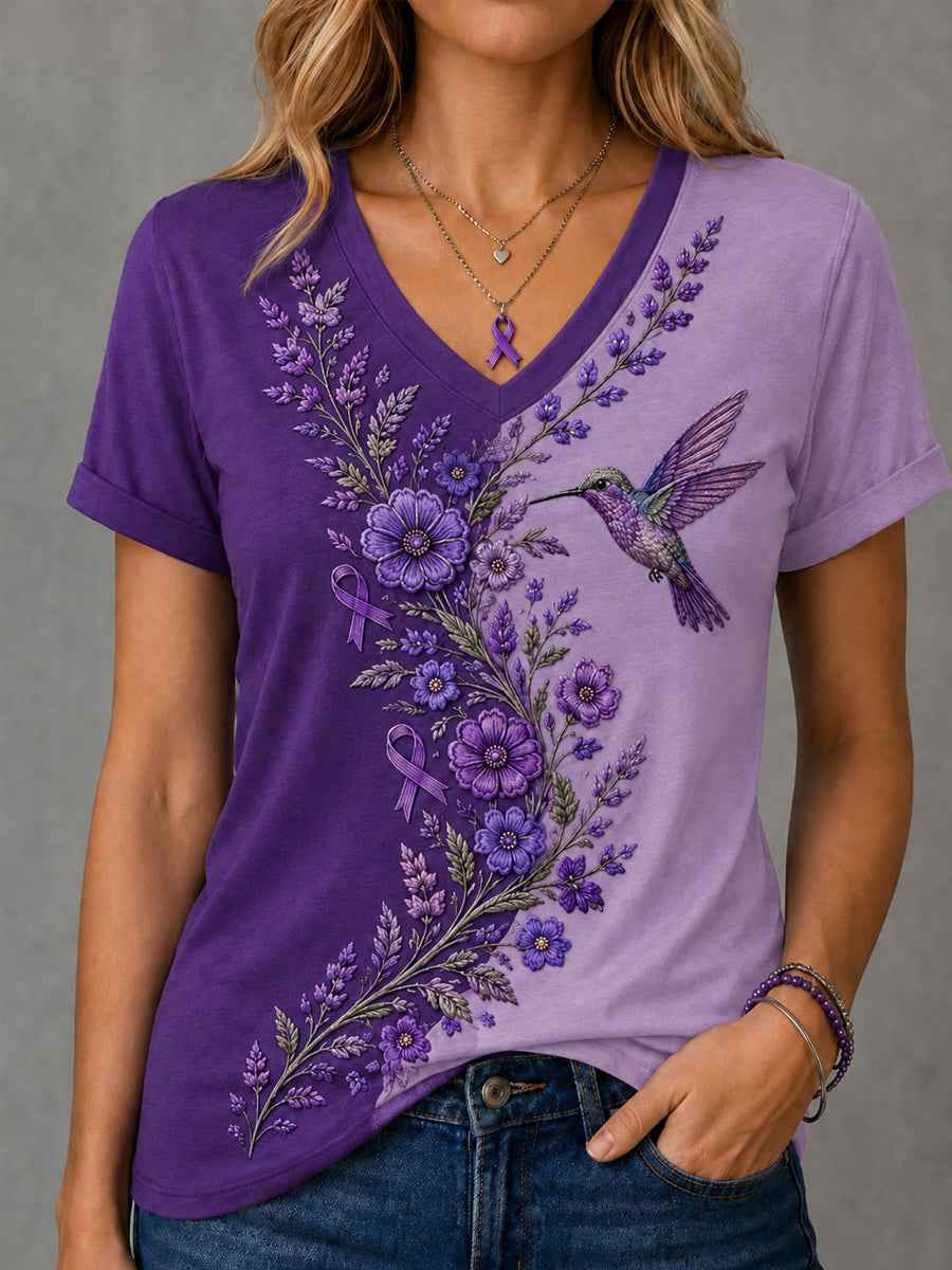 Women's Purple Floral & Hummingbird Print Alzheimer's Awareness Support V-Neck Tee