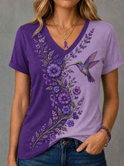 Women's Purple Floral & Hummingbird Print Alzheimer's Awareness Support V-Neck Tee