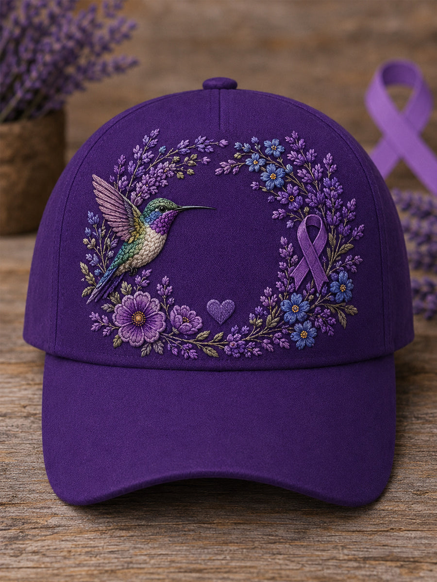 Unisex Purple Floral & Hummingbird Print Alzheimer's Awareness Support Hat gracestitchs