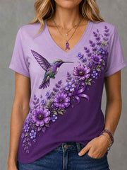 Women's Purple Floral & Hummingbird Print Alzheimer's Awareness Support V-Neck Tee