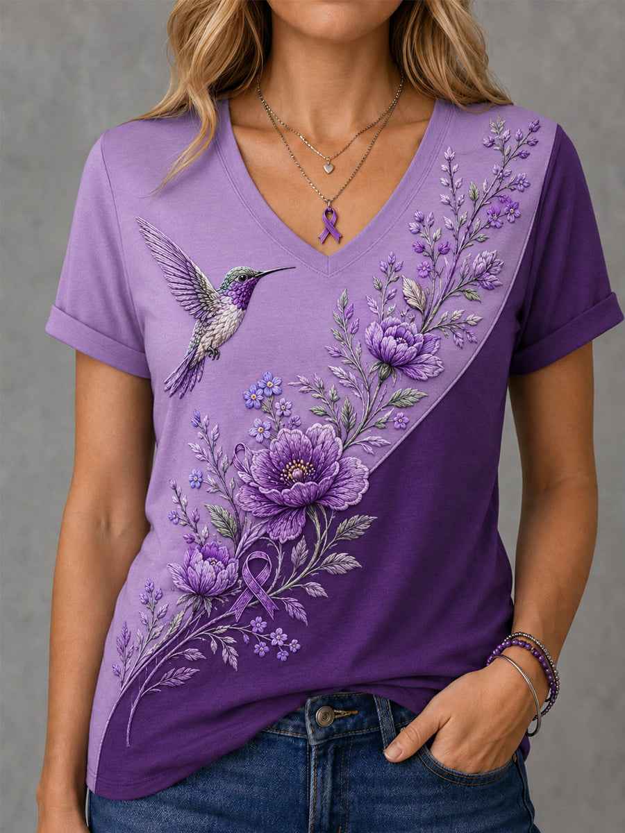 Women's Purple Floral & Hummingbird Print Alzheimer's Awareness Support V-Neck Tee