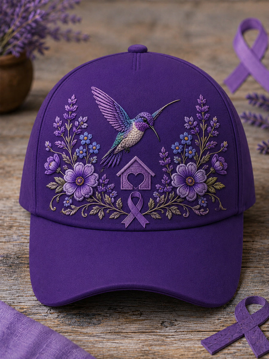 Unisex Purple Floral & Hummingbird Print Alzheimer's Awareness Support Hat gracestitchs