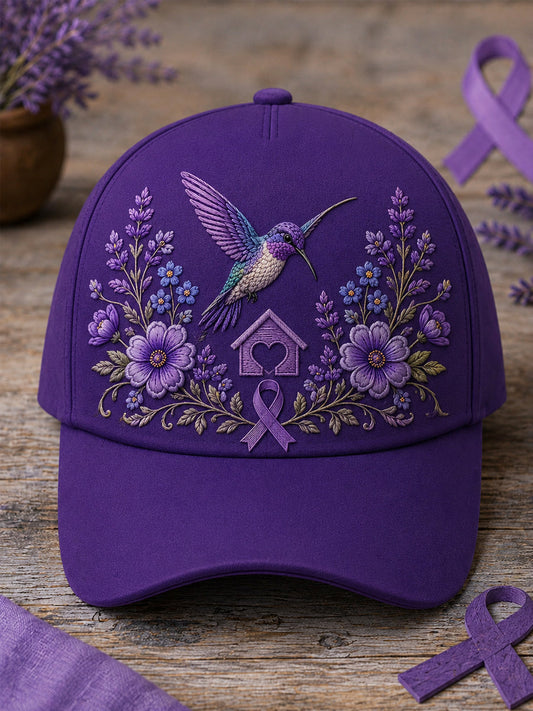 Unisex Purple Floral & Hummingbird Print Alzheimer's Awareness Support Hat gracestitchs