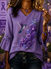 Women's Purple Floral & Hummingbird Print Alzheimer's Awareness Support Half-Sleeves V-Neck Shirt