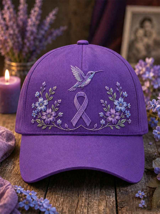 Unisex Purple Floral & Hummingbird Print Alzheimer's Awareness Support Hat