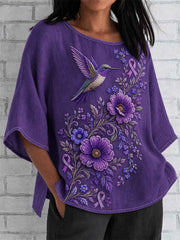 Women's Purple Floral & Hummingbird Print Alzheimer's Awareness Support Shirt