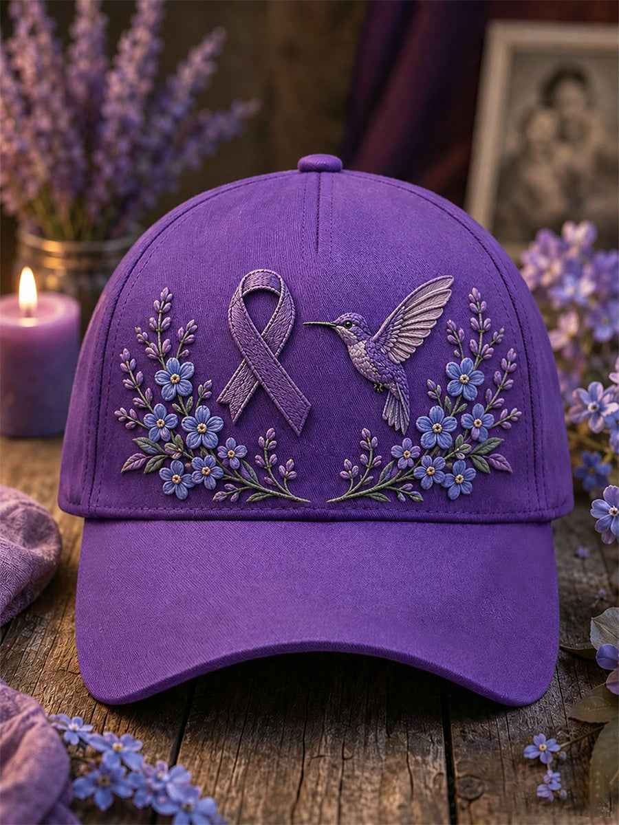 Unisex Purple Floral & Hummingbird Print Alzheimer's Awareness Support Hat