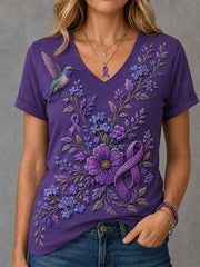Women's Purple Floral & Hummingbird Print Alzheimer's Awareness Support V-Neck Tee
