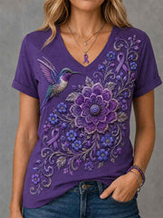 Women's Purple Floral & Hummingbird Print Alzheimer's Awareness Support V-Neck Tee