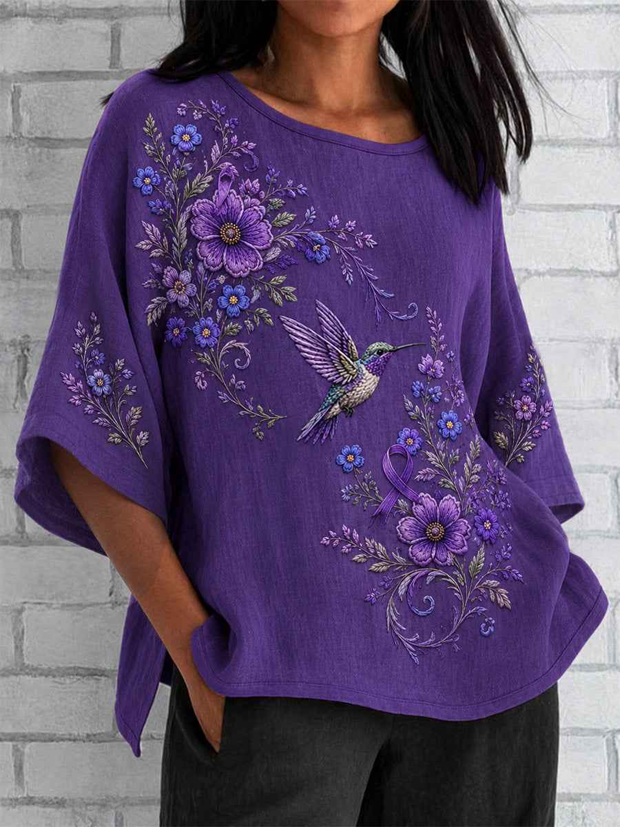 Women's Purple Floral & Hummingbird Print Alzheimer's Awareness Support Shirt