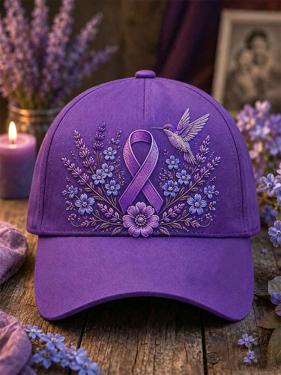 Unisex Purple Floral & Hummingbird Print Alzheimer's Awareness Support Hat