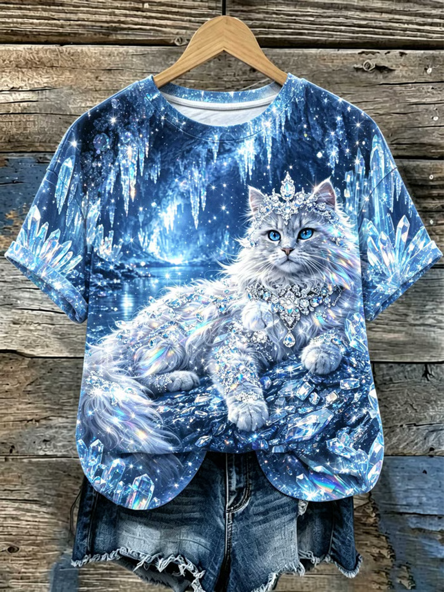 Women's Crystal-embellished cat print design short-sleeved T-shirt gracestitchs