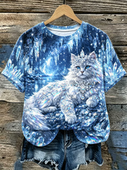 Women's Crystal-embellished cat print design short-sleeved T-shirt gracestitchs