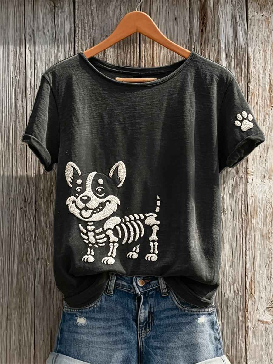 Women's Lovely Skeleton Corgi Dog & Paw Print short-sleeved T-shirt