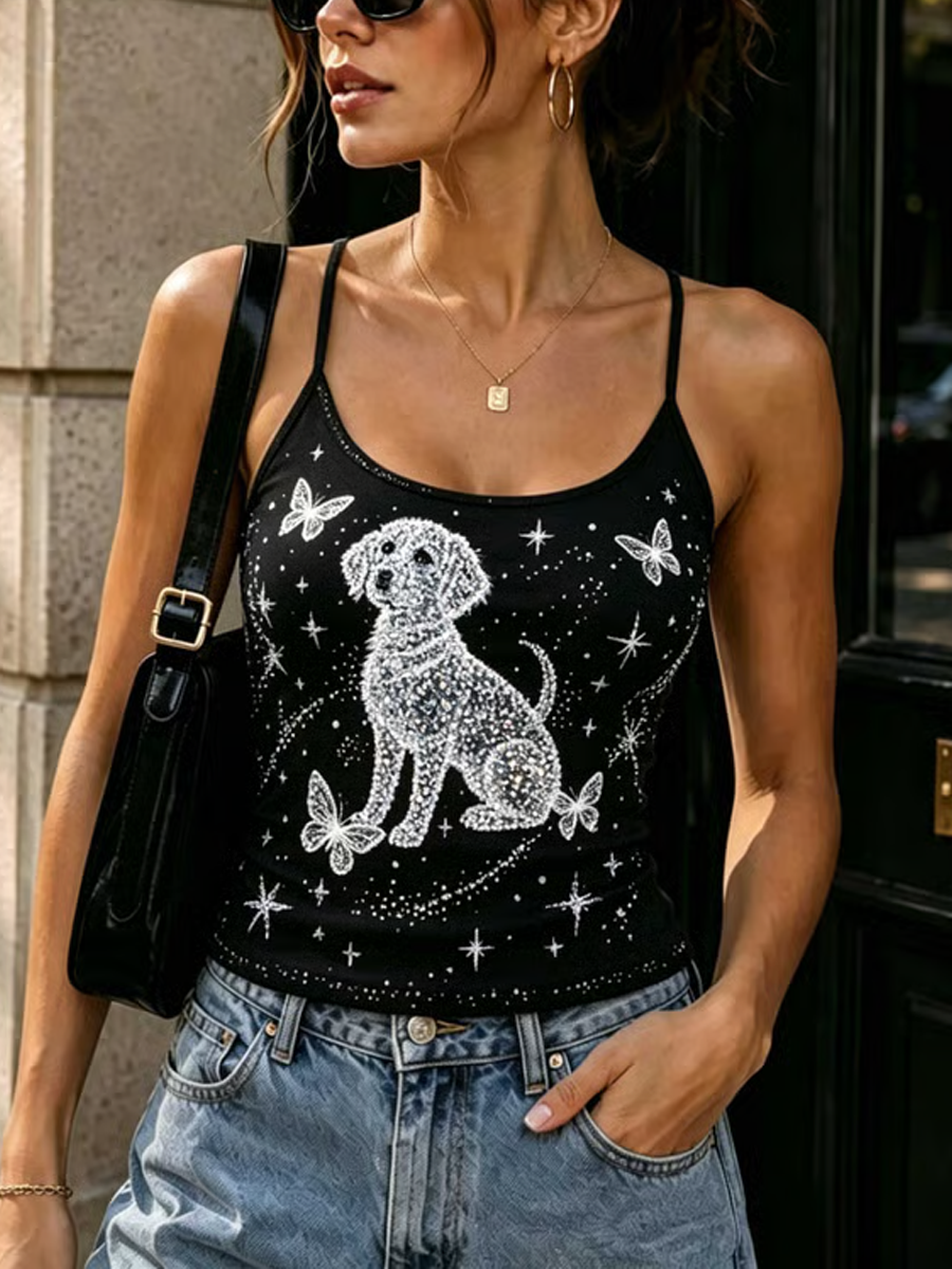 Women's Crystal-embellished dog print design Spaghetti straps gracestitchs